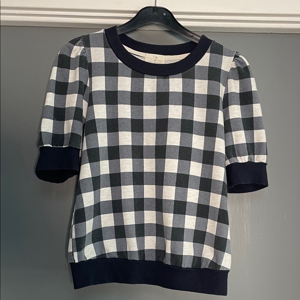 T.La Anthropologie Navy White Gingham Short Sleeve Sweatshirt 100% cotton XS 💖